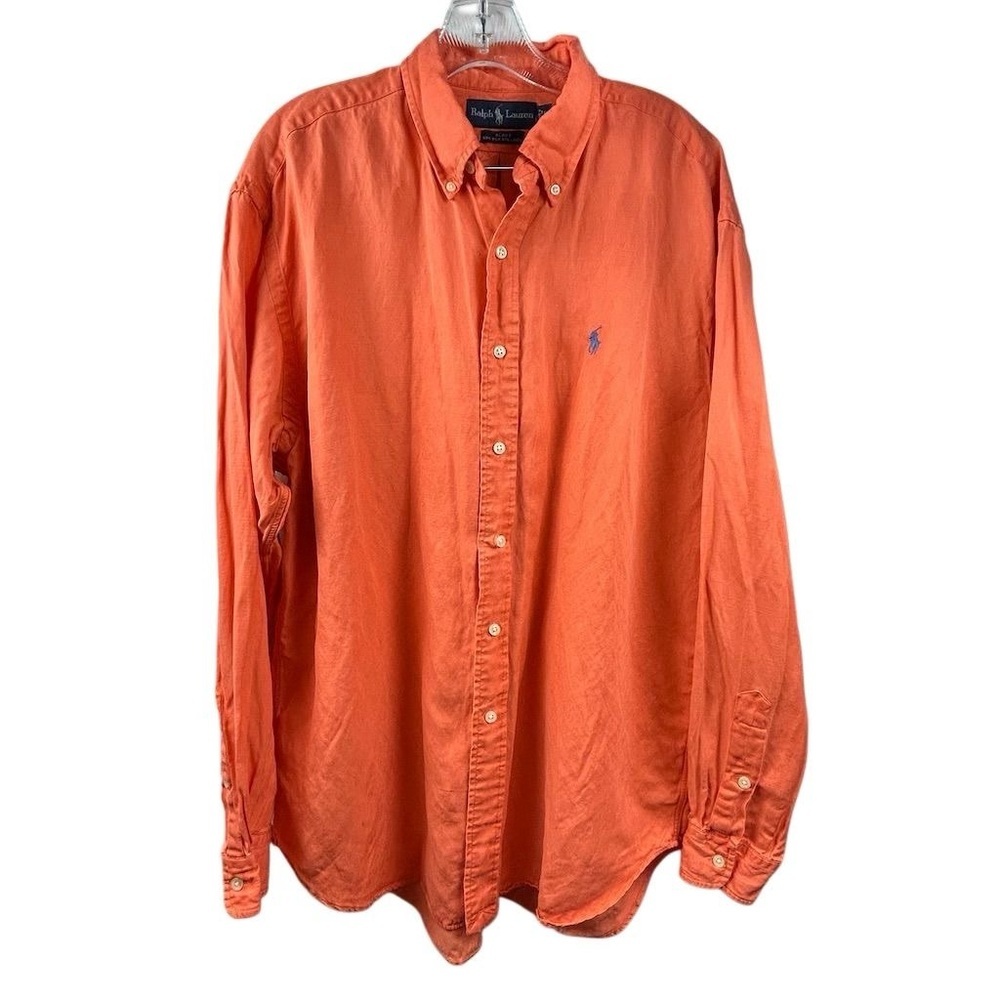 Ralph Lauren Men's Orange Long Sleeve Button-Down Shirt Size L silk Linen Blend